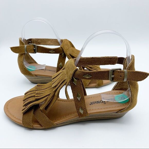 Minnetonka Merriam Suede Fringe Sandals Tan Wedge Sz 8 - Picture 9 of 13